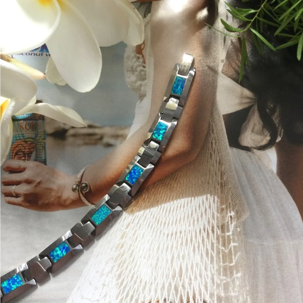 10MM ALOHA Tungsten Bracelet with inlaid Blue Opal.